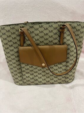 Michael Kors Monogram Tote with Tan Leather Front Pocket